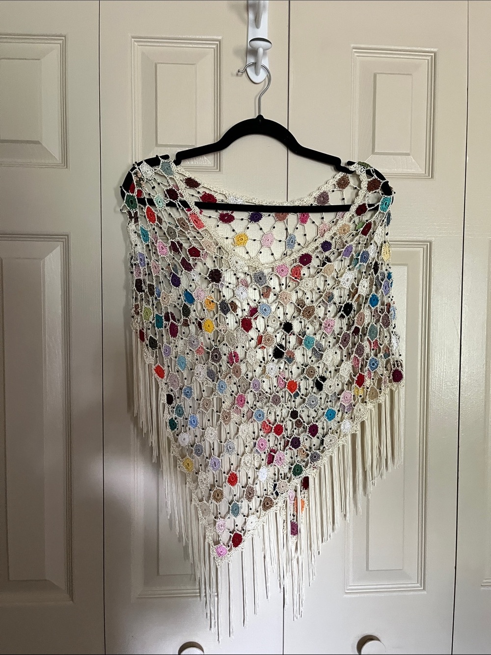 Crochet Fringe Shawl - Multicolor on Cream